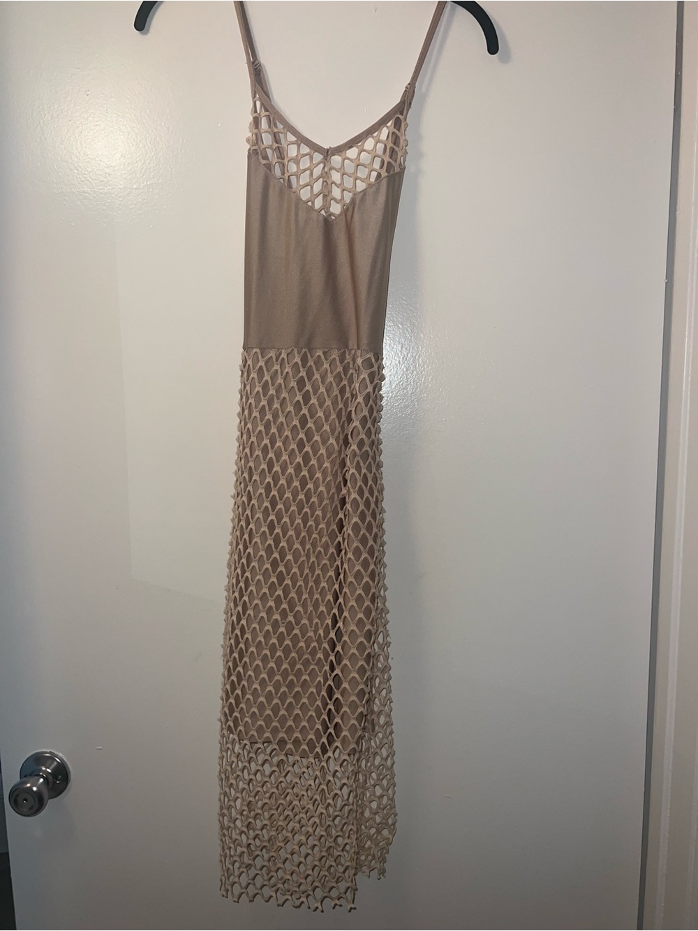 Neutral Beige Net Maxi Dress with Slip
